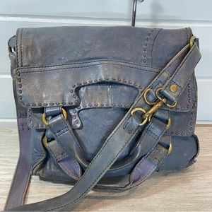 Lucky Brand Abbey Road Foldover Hobo Crossbody Messenger Bag Denim Gray Blue